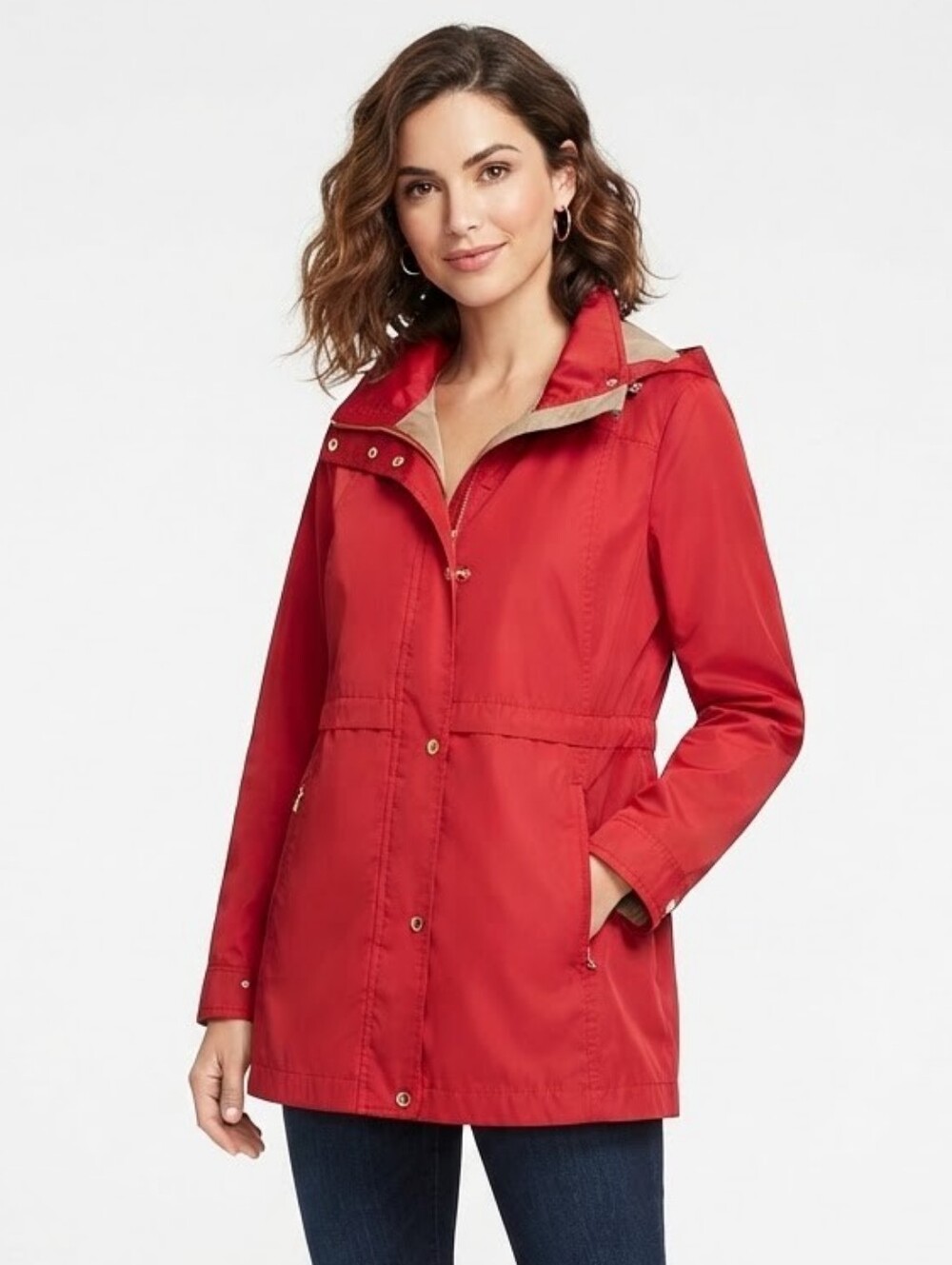 Cole Haan Red Hooded Rain Jacket Utility Anorak Drawstring Size L